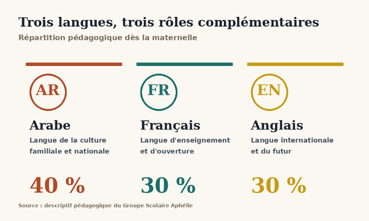 Répartition langues école trilingue Berrechid — arabe français anglais maternelle